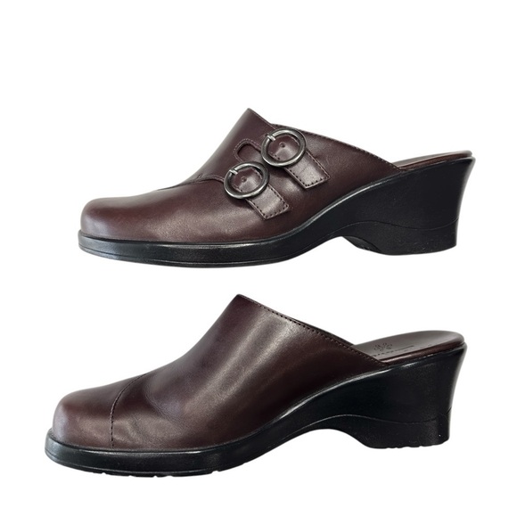 Clarks May Poppy Clog Size 6 Wedge Heel Mule Slip On Comfort Shoe Burgundy  NEW! - Picture 7 of 10